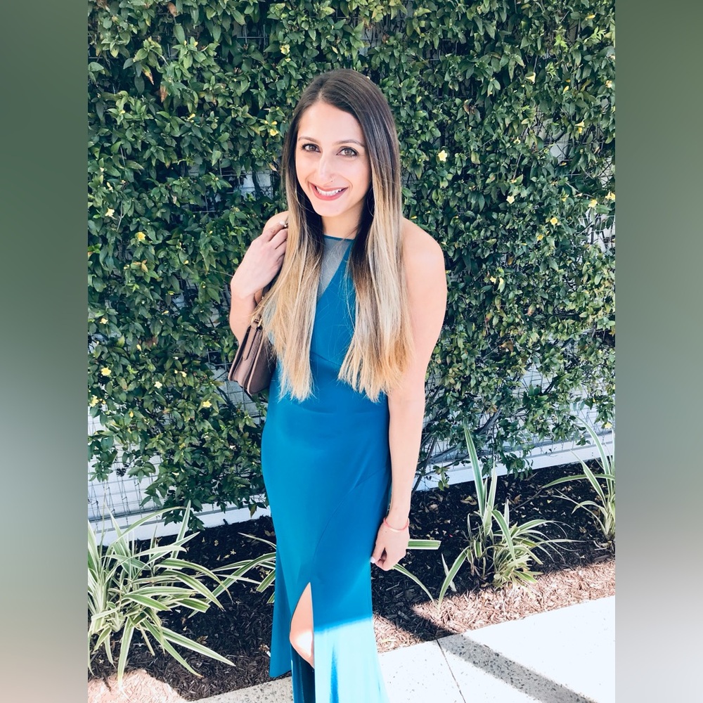Nordstrom Morgan & Co teal open back floor length dress